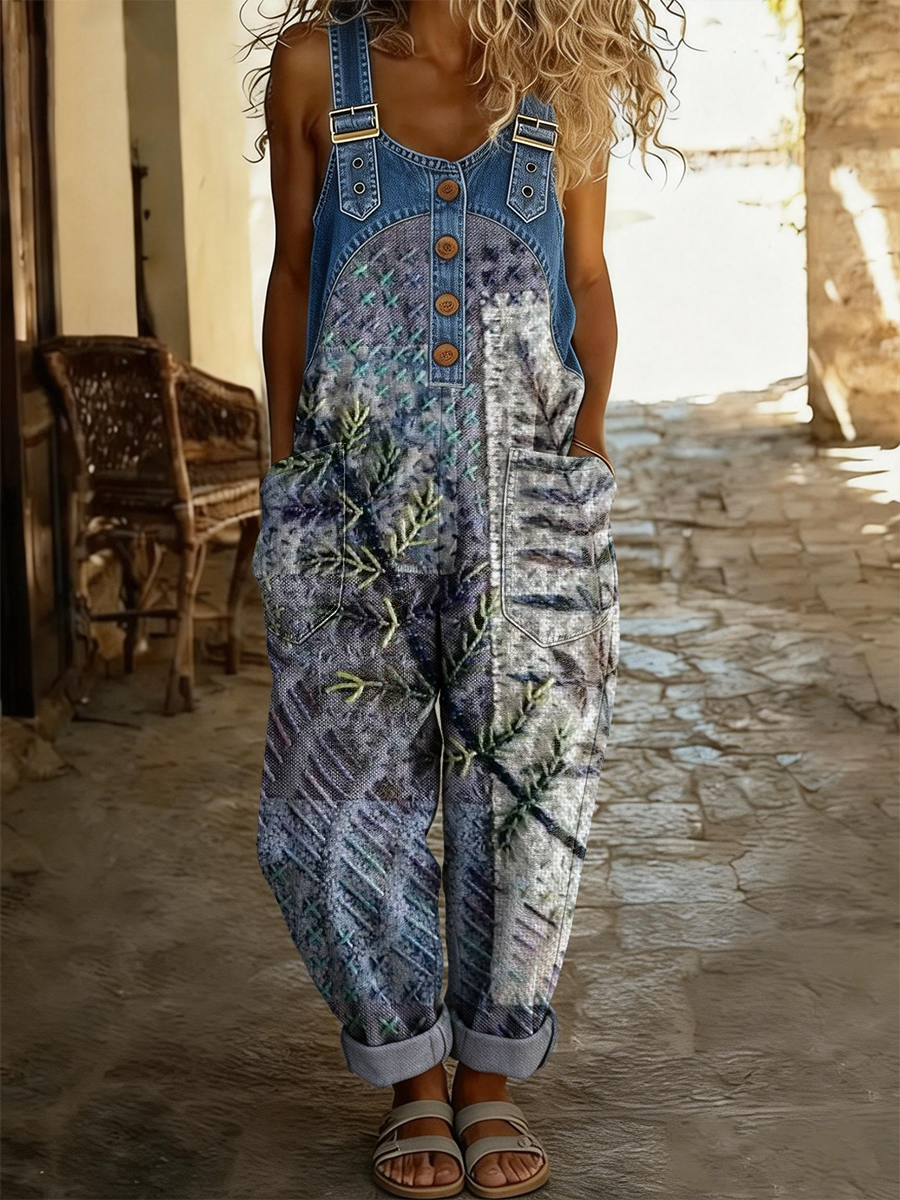 Women's Retro Art Print Casual Sleeveless Denim Patchwork Jumpsuit